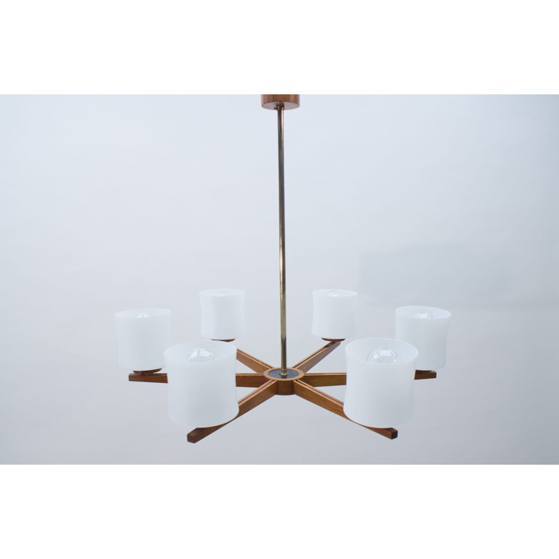 Ceiling Lamp mid century Danish Teak and Opaline Glass, 1960s