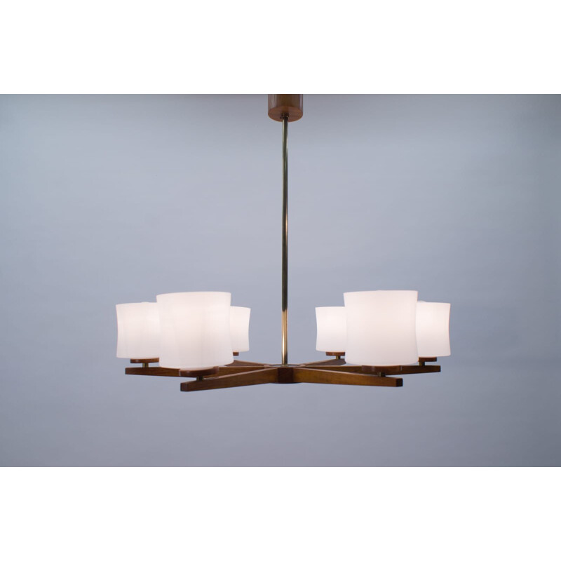 Ceiling Lamp mid century Danish Teak and Opaline Glass, 1960s