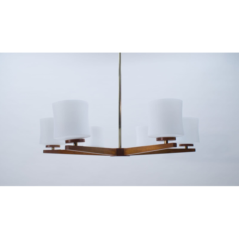 Ceiling Lamp mid century Danish Teak and Opaline Glass, 1960s