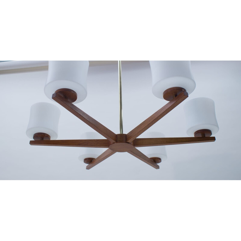 Ceiling Lamp mid century Danish Teak and Opaline Glass, 1960s