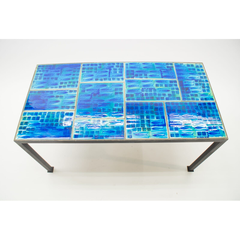 Sea Blue Studio Ceramic Tile Top Table mid century with Fish Motiv, Germany 1960s