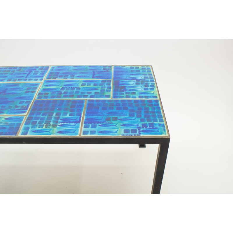 Sea Blue Studio Ceramic Tile Top Table mid century with Fish Motiv, Germany 1960s