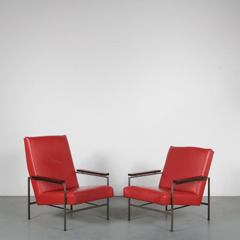 Paire de fauteuils lounge vintage en cuir rouge par Rob Parry pour Gelderland, Pays-Bas, 1950