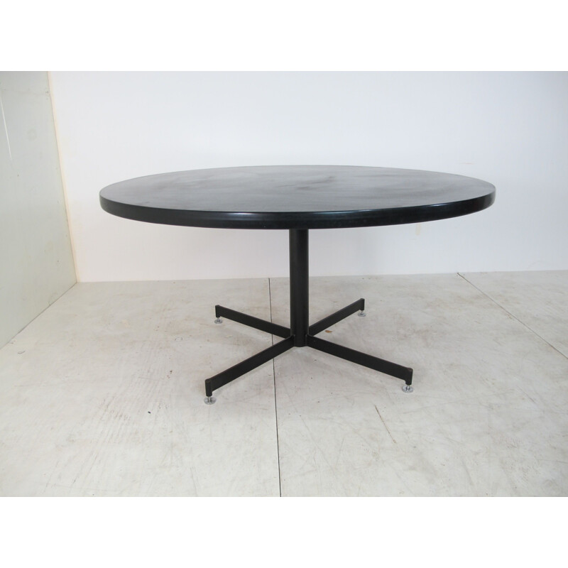 Large Mid-Century Black Wood, Linoleum, and Steel Round Dining Table, 1950s