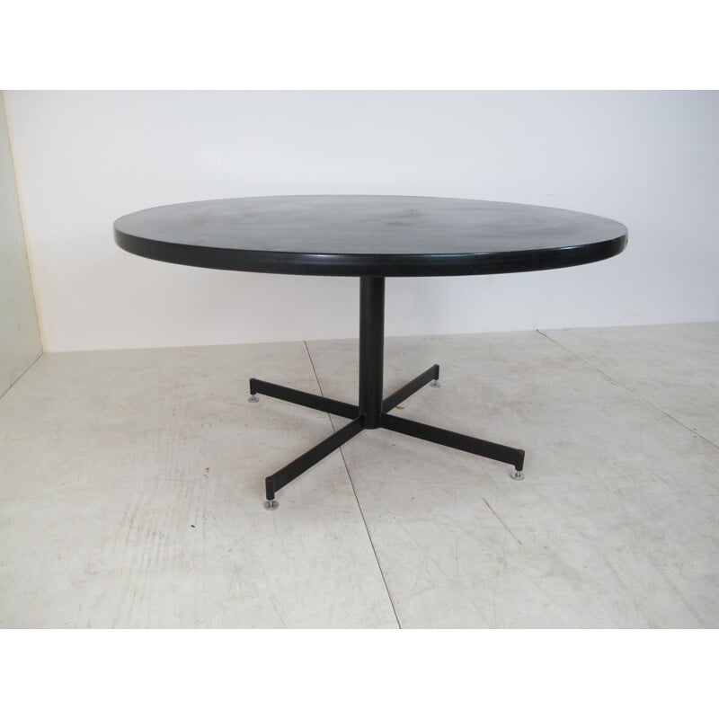 Large Mid-Century Black Wood, Linoleum, and Steel Round Dining Table, 1950s