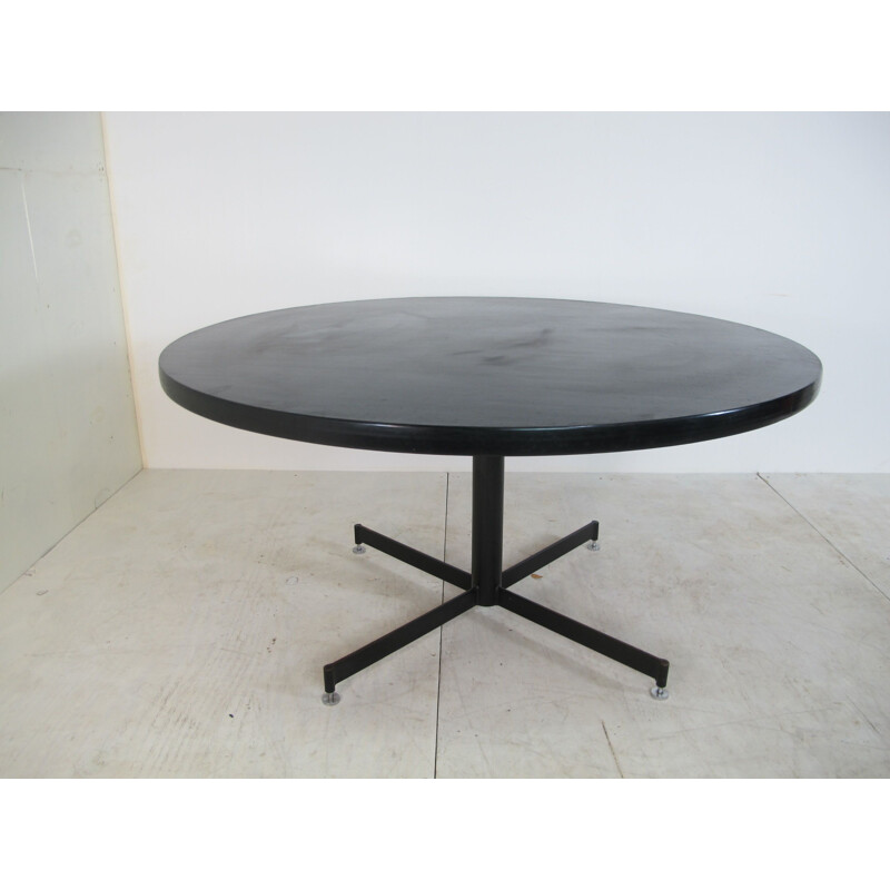 Grande table ronde vintage en bois noir, linoléum et acier 1950