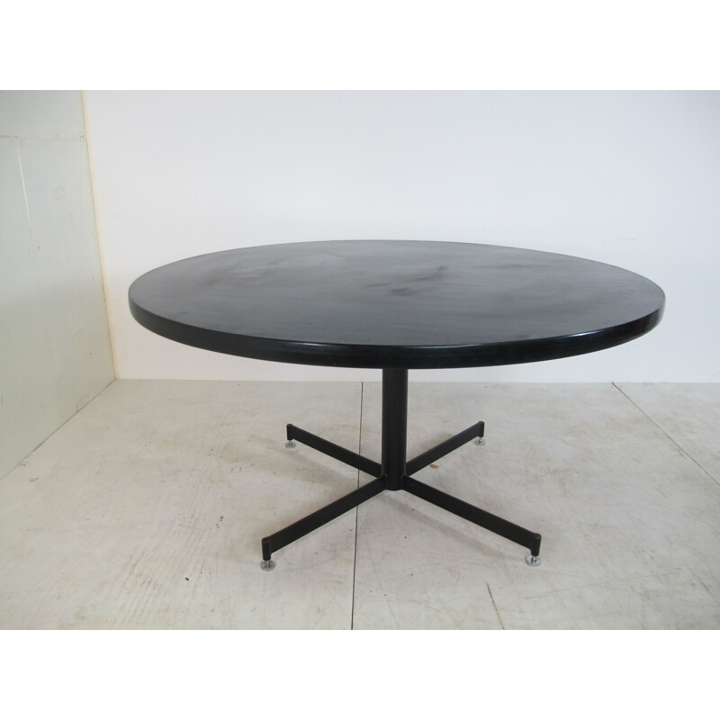 Large Mid-Century Black Wood, Linoleum, and Steel Round Dining Table, 1950s