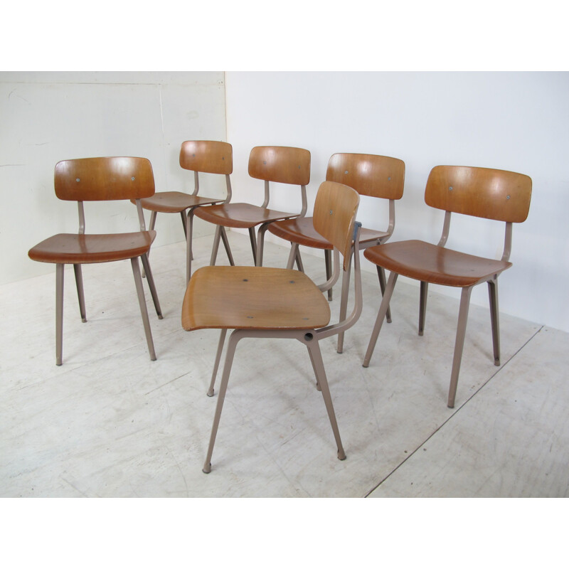  Set of 6 Vintage Industrial Metal and Wood Revolt Chairs by Friso Kramer for Ahrend De Cirkel, 1950s