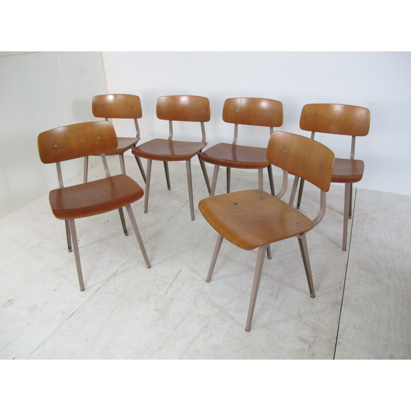  Set of 6 Vintage Industrial Metal and Wood Revolt Chairs by Friso Kramer for Ahrend De Cirkel, 1950s