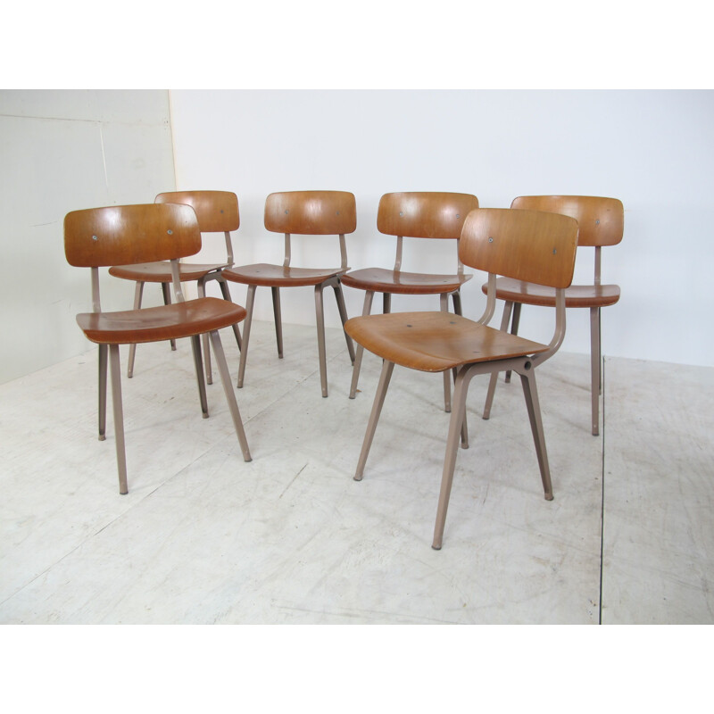  Set of 6 Vintage Industrial Metal and Wood Revolt Chairs by Friso Kramer for Ahrend De Cirkel, 1950s