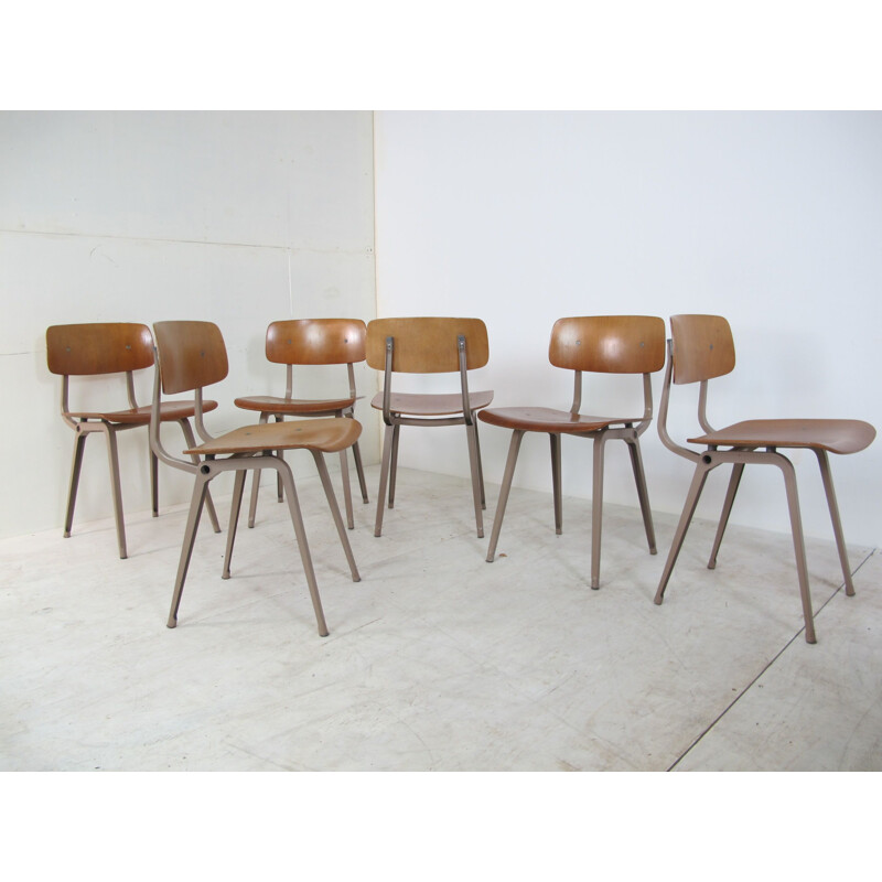  Set of 6 Vintage Industrial Metal and Wood Revolt Chairs by Friso Kramer for Ahrend De Cirkel, 1950s