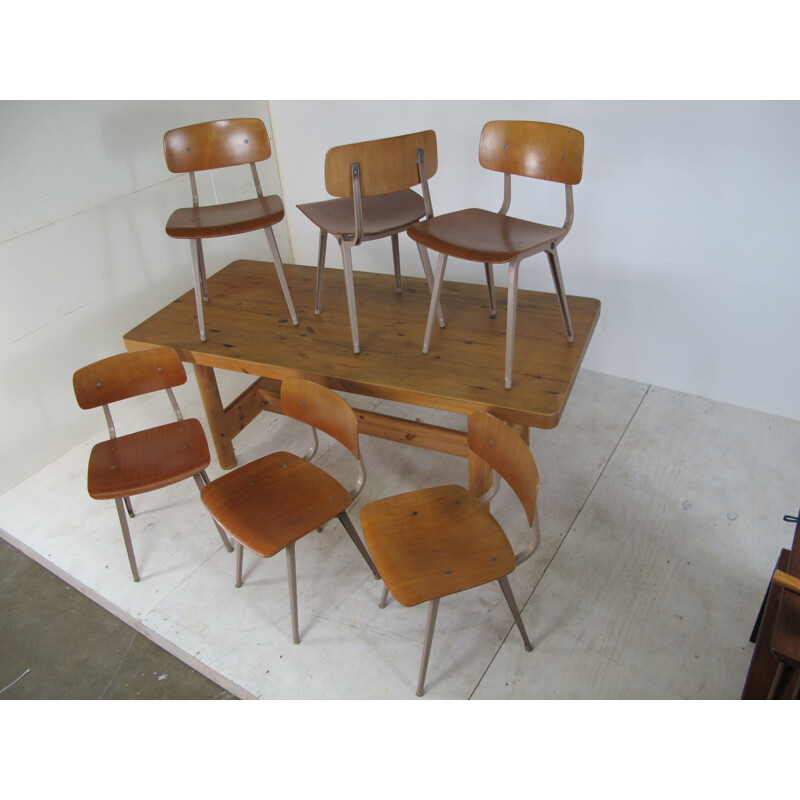  Set of 6 Vintage Industrial Metal and Wood Revolt Chairs by Friso Kramer for Ahrend De Cirkel, 1950s