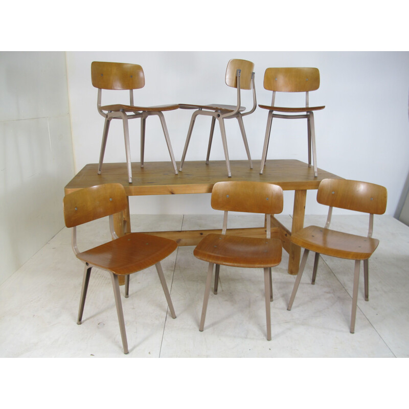  Set of 6 Vintage Industrial Metal and Wood Revolt Chairs by Friso Kramer for Ahrend De Cirkel, 1950s