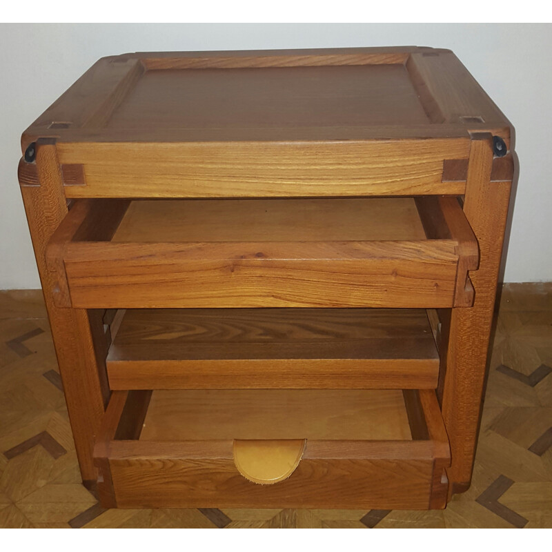 Side / bedside table in elm with 2 drawers, Pierre CHAPO - 1950s