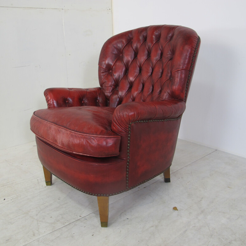 Lounge Chair Red Leather Chesterfield , 1970s