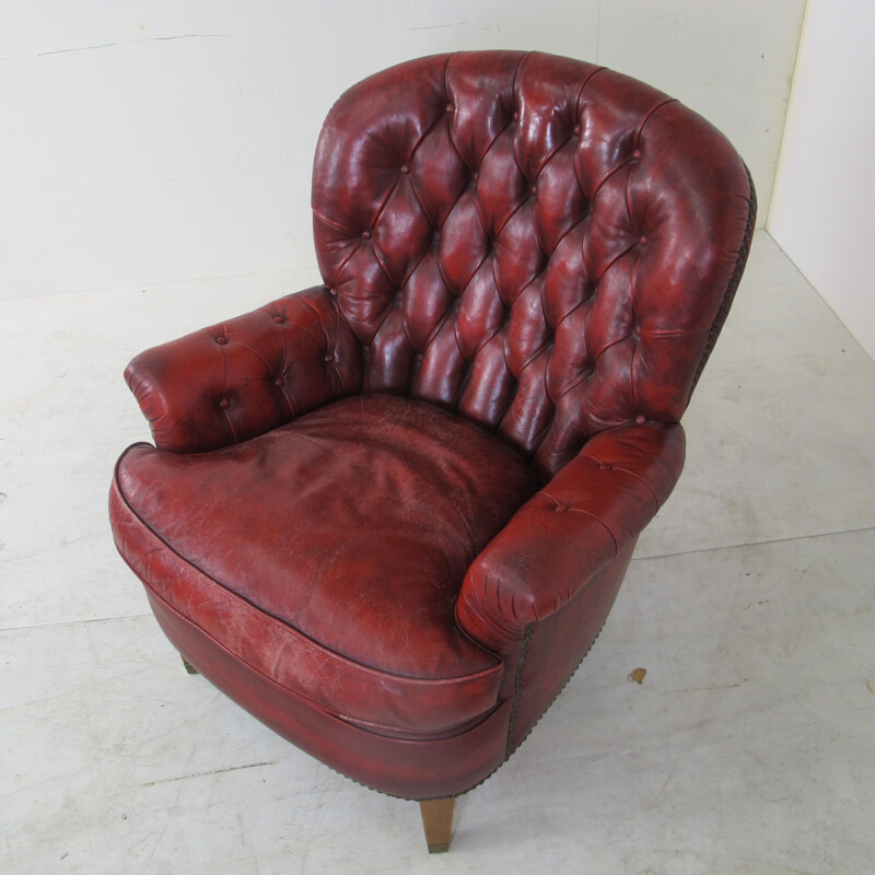 Lounge Chair Red Leather Chesterfield , 1970s