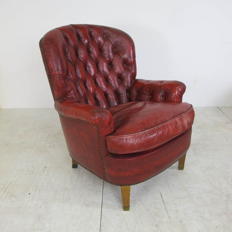 Lounge Chair Red Leather Chesterfield , 1970s