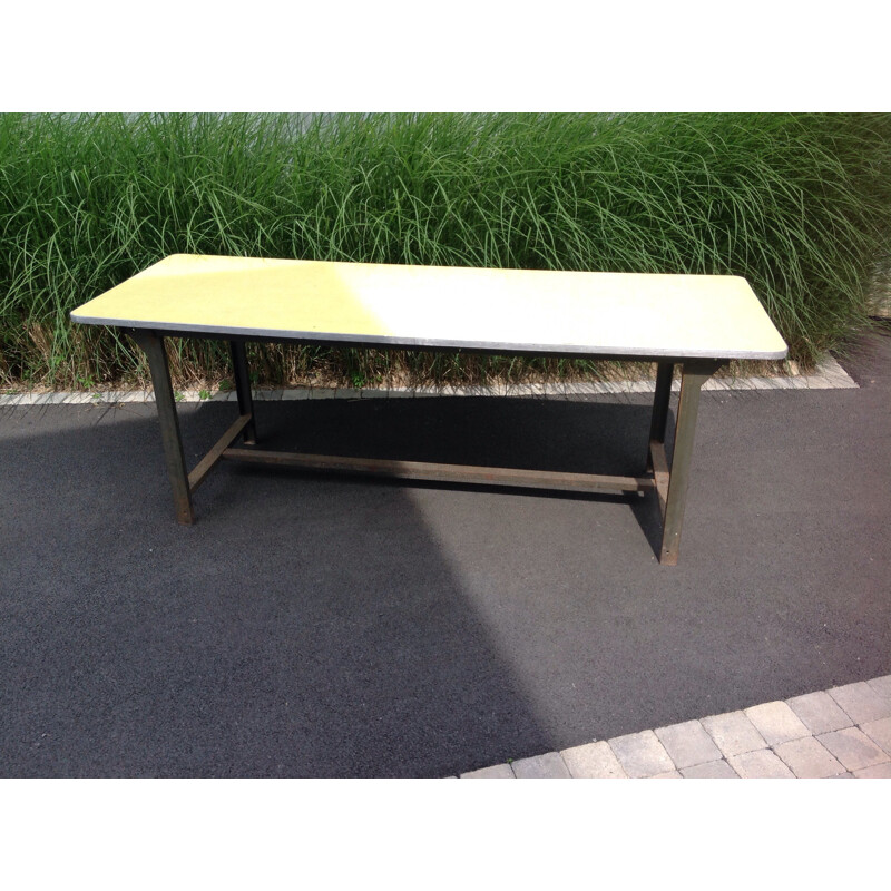 Big industrial table in iron and yellow formica - 1960s