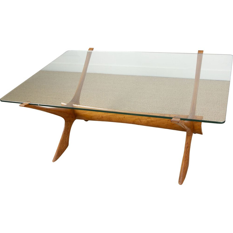 Vintage Danish coffee table in blond mahogany and glass by Illum Wikkelso 1960