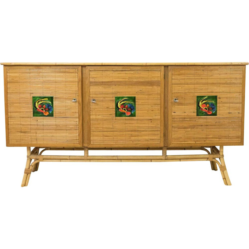 Vintage rattan sideboard, Vallauris checks, 1950