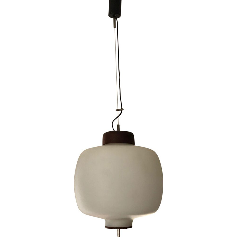 Vintage teak and opaline suspension lamp 1960 