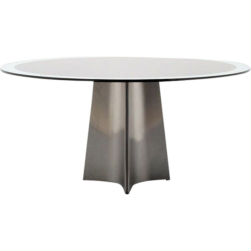 Vintage dining table in glass and brushed aluminium by Luigi Saccardo 1970