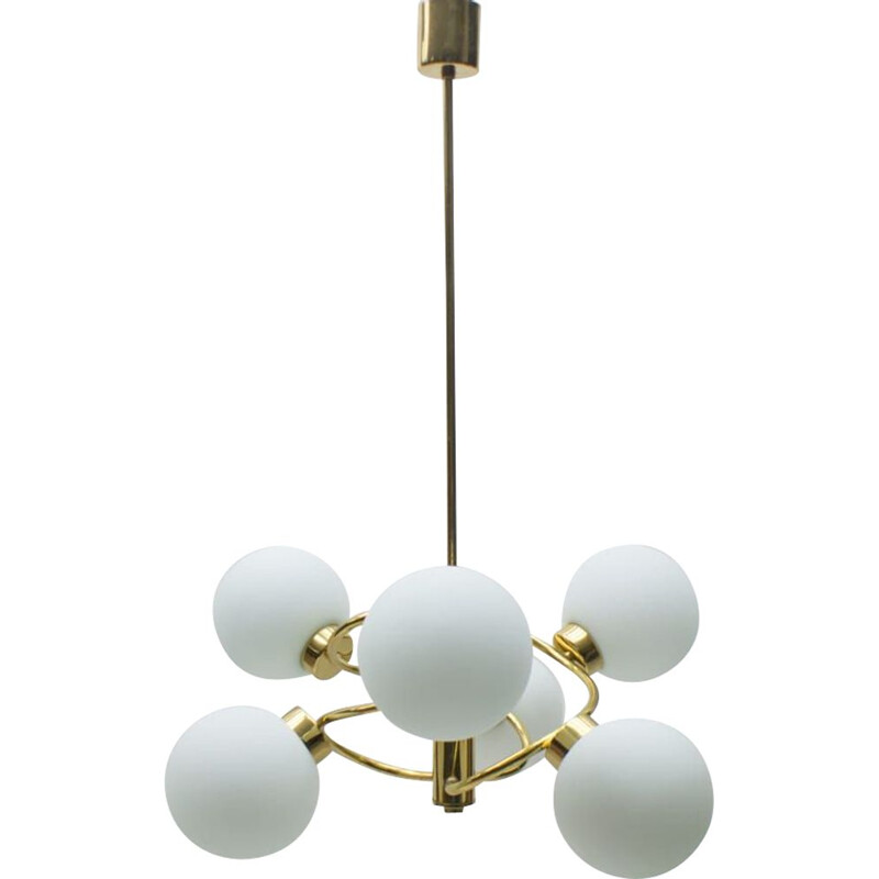 Lampadario Sputnik vintage in vetro, ottone e opalina, 1960