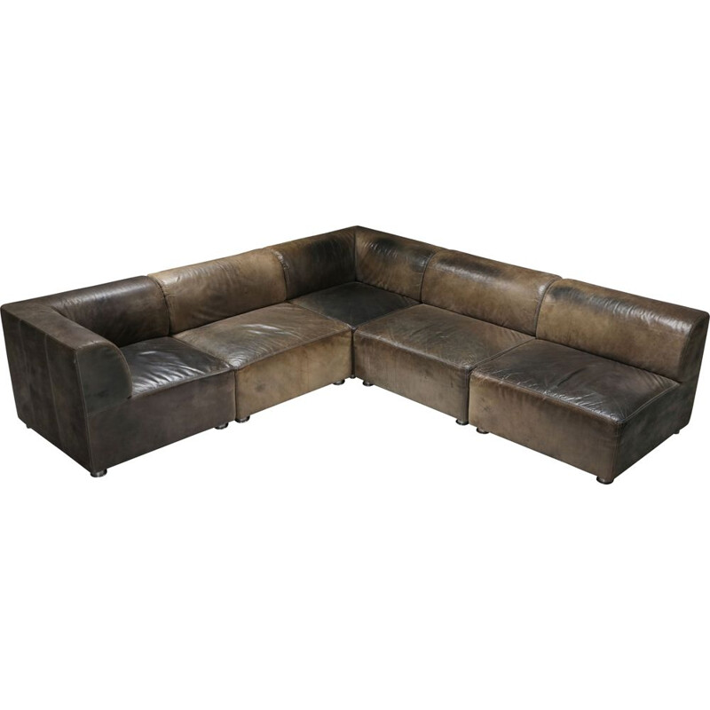 Sectional Corner Sofa in Patinated Leather, Durlet - 1980's