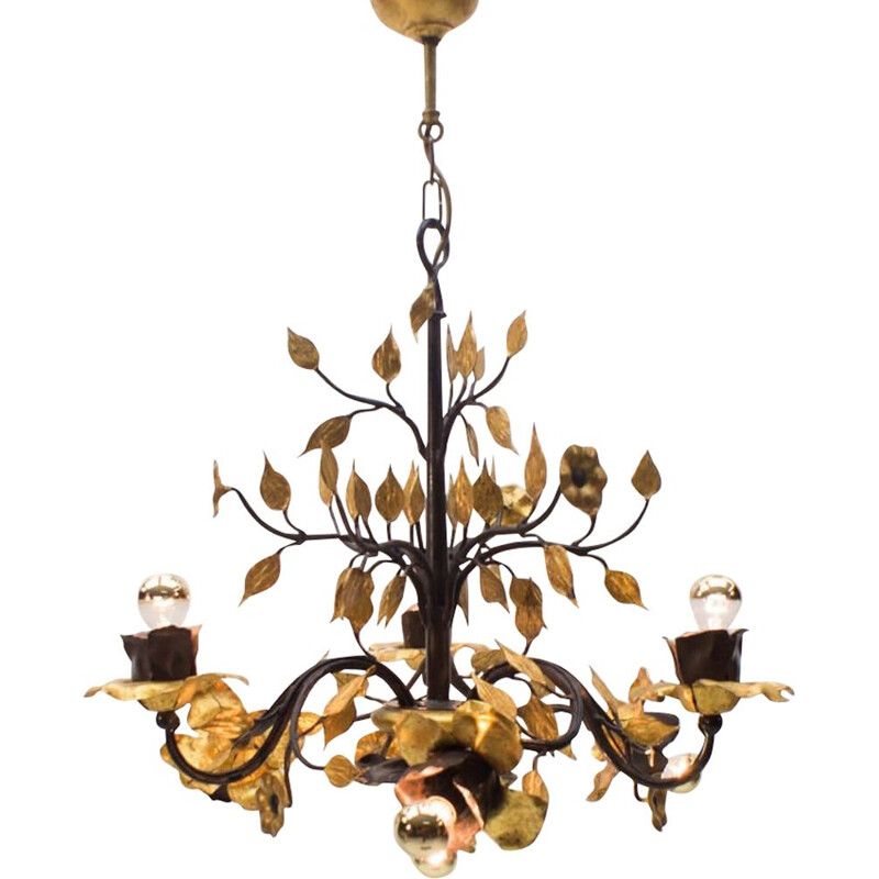 French vintage gilded wrought iron pendant lamp, 1970