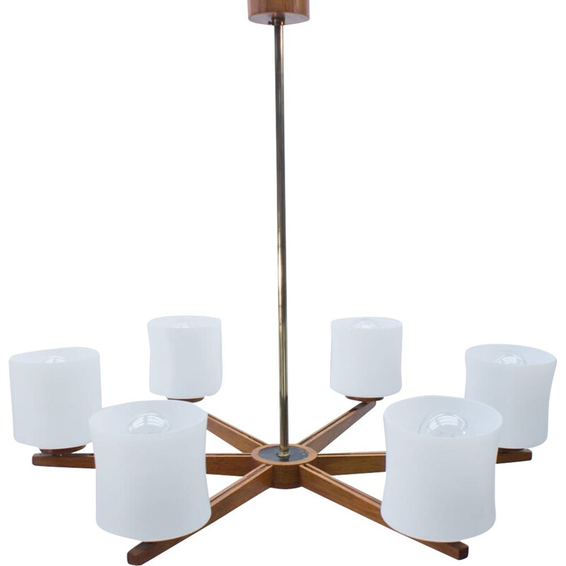 Ceiling Lamp mid century Danish Teak and Opaline Glass, 1960s