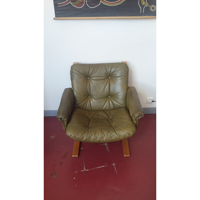 Pair of Scanvinavian green leather and teak armchairs, Oddvin RYKKEN - 1960s