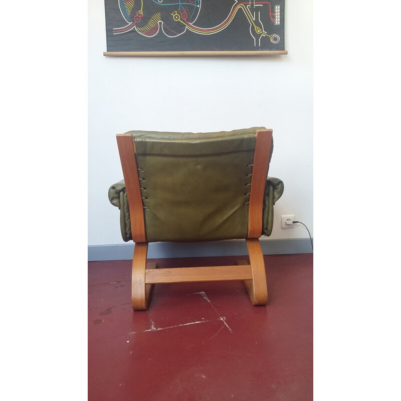 Pair of Scanvinavian green leather and teak armchairs, Oddvin RYKKEN - 1960s