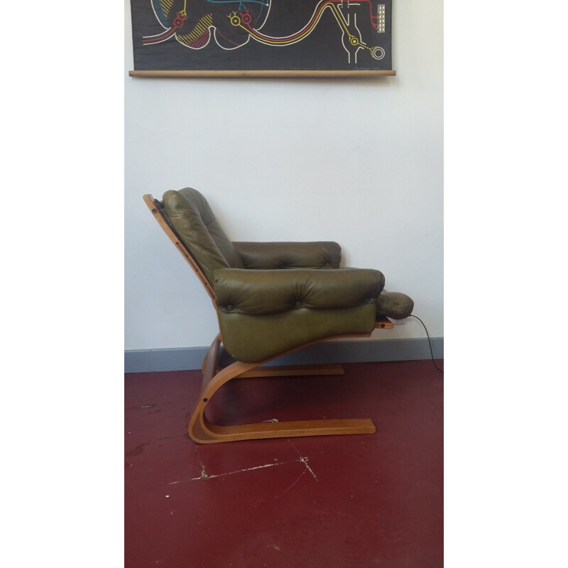 Pair of Scanvinavian green leather and teak armchairs, Oddvin RYKKEN - 1960s