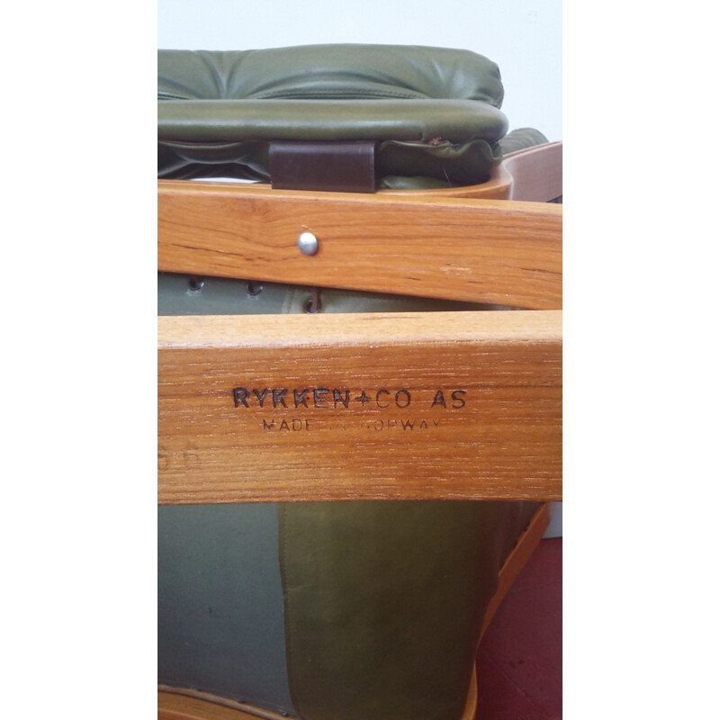 Pair of Scanvinavian green leather and teak armchairs, Oddvin RYKKEN - 1960s