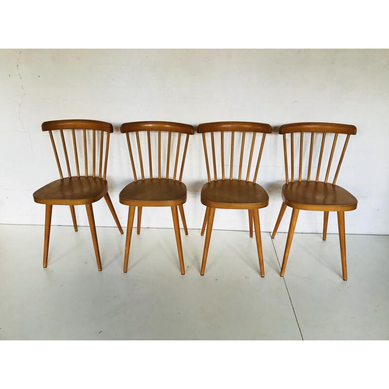 Suite of 4 vintage beechwood chairs Baumann bistro, 1950
