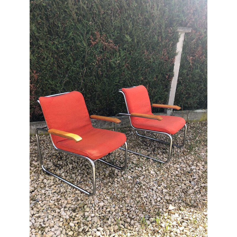 Pair of chrome vintage armchairs and red woollen Mid century B35 marcel breuer knoll 1970