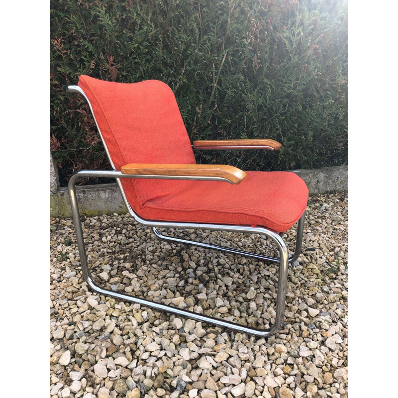 Paar vintage fauteuils in chroom en rode wol B35 marcel breuer knoll 1970