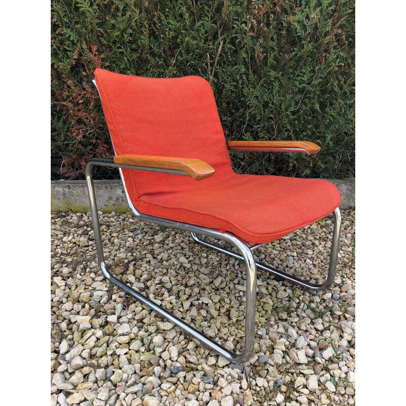 Pair of chrome vintage armchairs and red woollen Mid century B35 marcel breuer knoll 1970