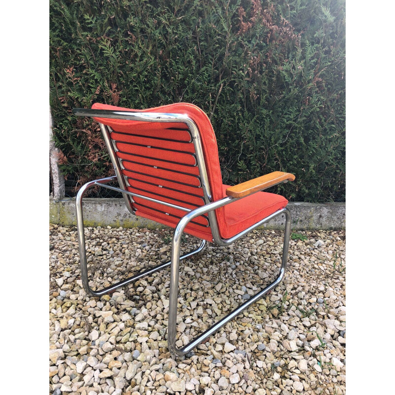 Paar vintage fauteuils in chroom en rode wol B35 marcel breuer knoll 1970