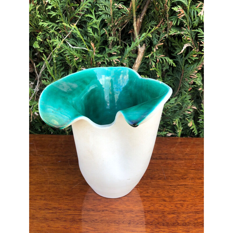 Vintage-Vase aus grün-weißer Keramik von Elchinger, 1950
