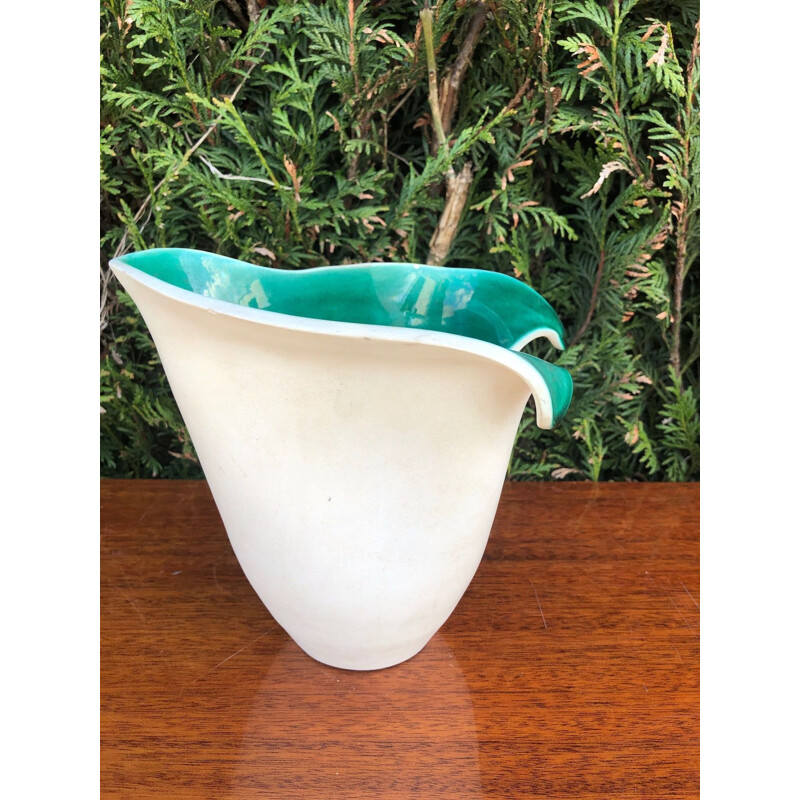 Vase vintage en céramique vert et blanc par Elchinger, 1950