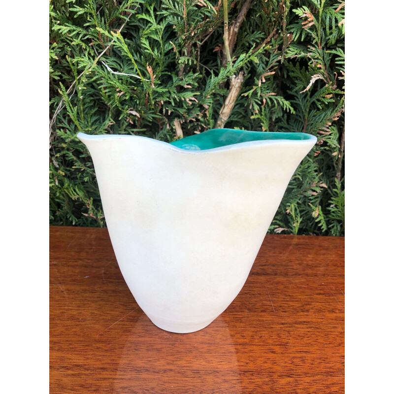 Vintage green and white ceramic vase by Elchinger, 1950