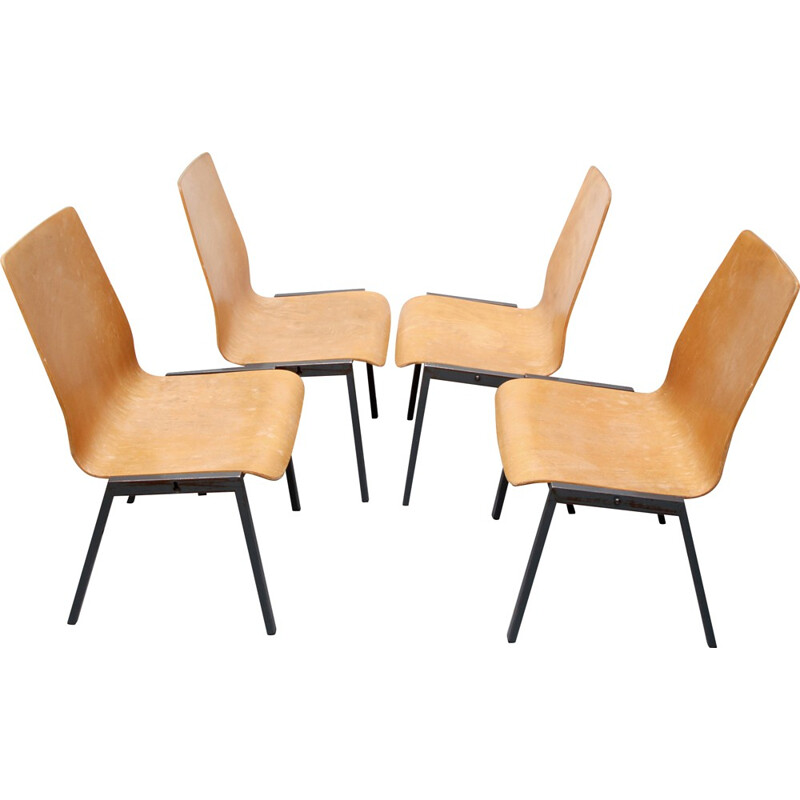 Set of 4 stackable chairs in metal and plywood - 1960s