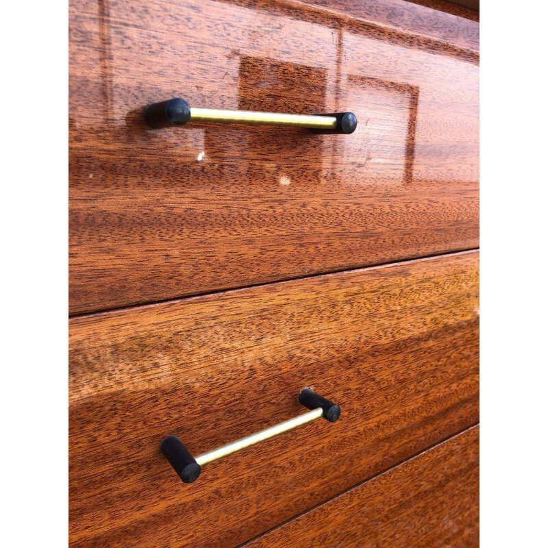 vintage lacquered chest of drawers, brass details 1950