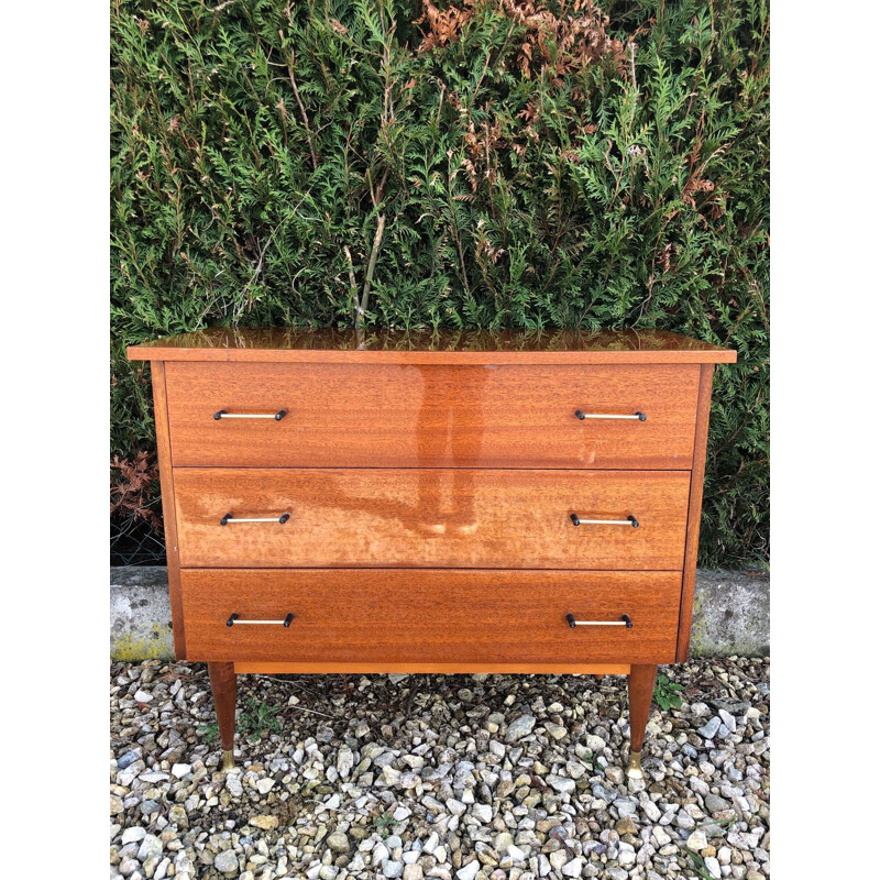 vintage lacquered chest of drawers, brass details 1950