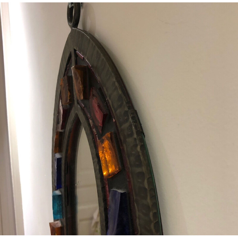 wrought iron rough mirror with glass inclusion 