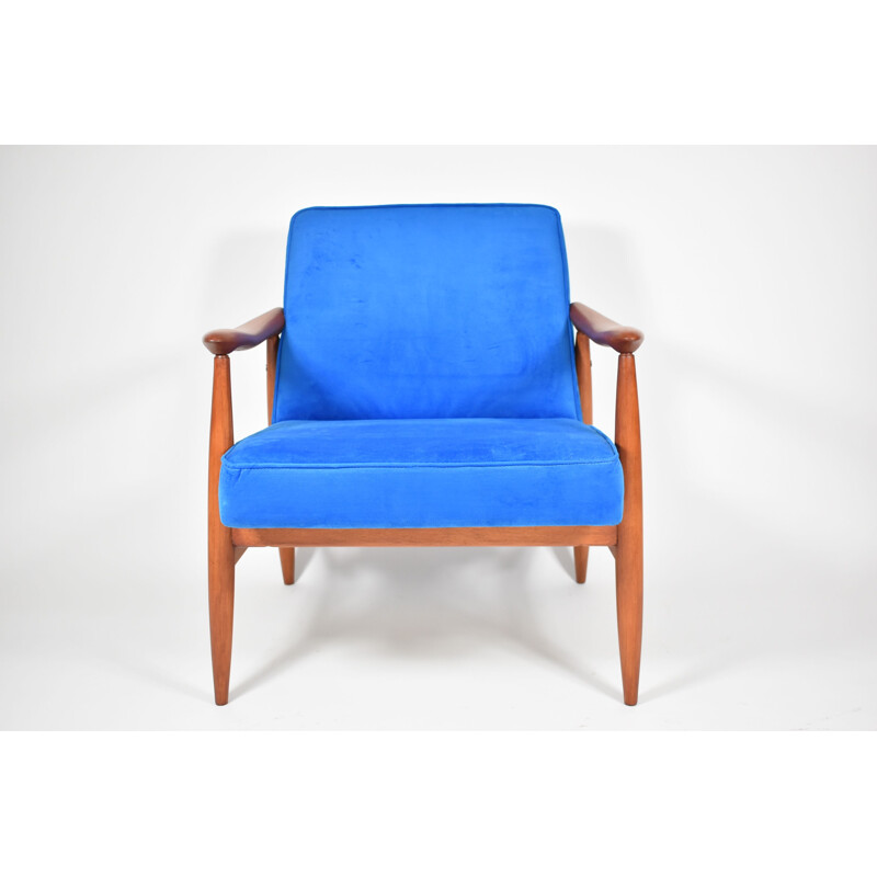 Fauteuil vintage GFM-87 néon en velours bleu