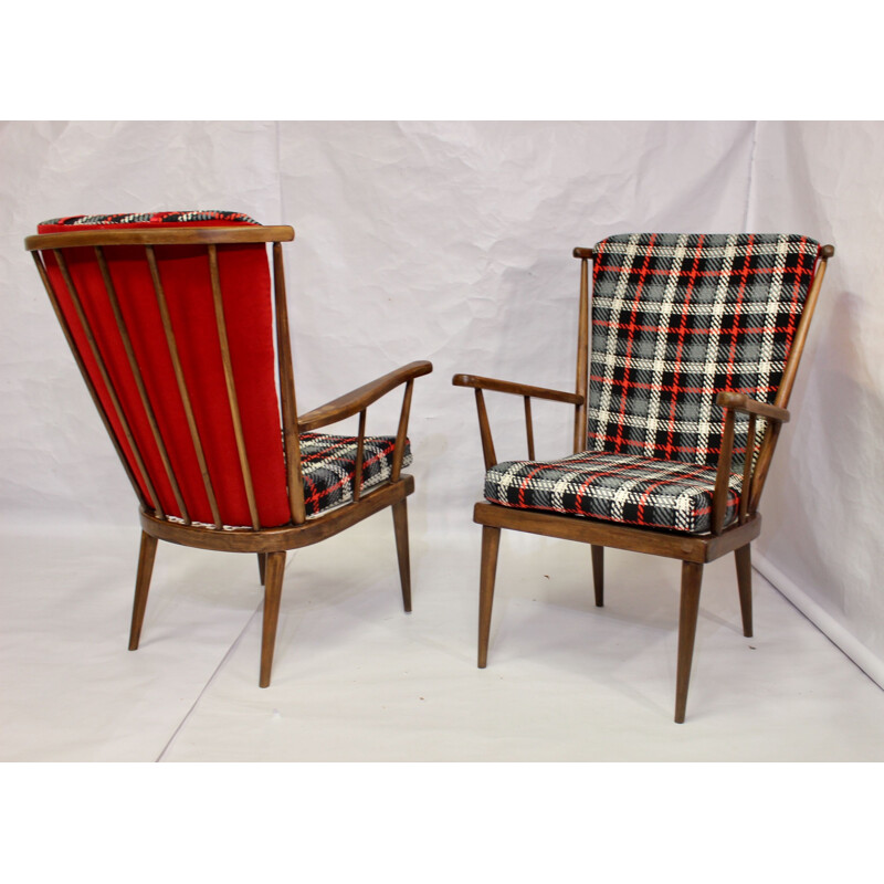 Pair of vintage Baumann armchairs checkered fabric 1960s