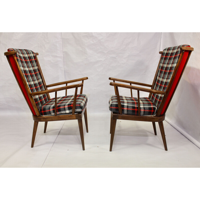 Pair of vintage Baumann armchairs checkered fabric 1960s