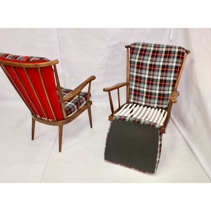 Pair of vintage Baumann armchairs checkered fabric 1960s